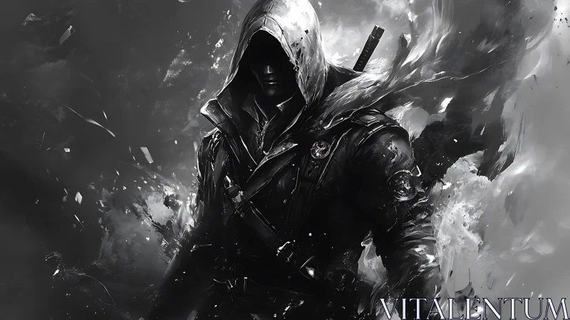 Shadow hood slips from smoke, carving a path of silent steel