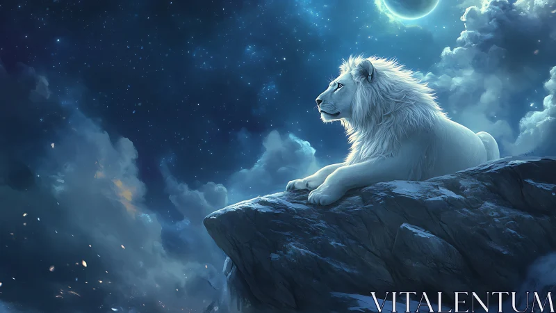 White lion on rocky ledge under starry nocturnal sky.