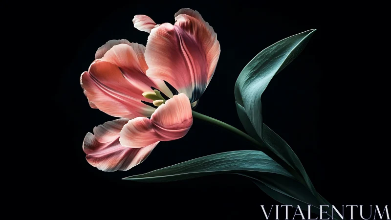 Pink Tulip Against Black. Delicate Petals, Green Leaves.
