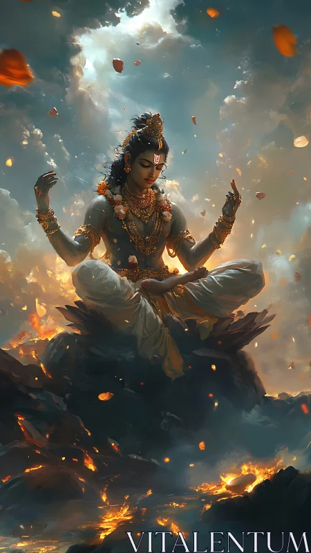 Serene deity in glowing clouds and drifting embers meditating.
