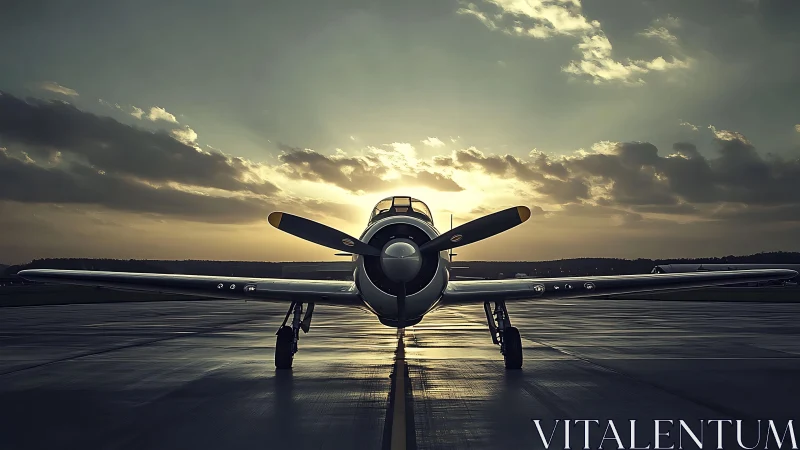 Vintage propeller aircraft on wet runway at sunset