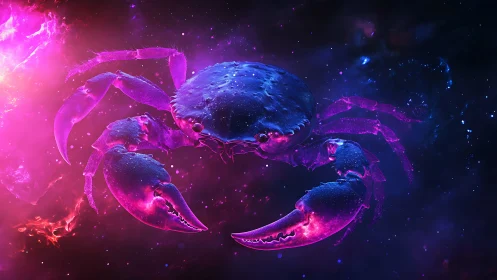 Neon cosmic crab drifting through luminous galactic void.