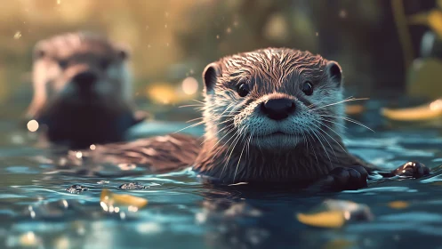 Curious river otters study the lens through glittering light