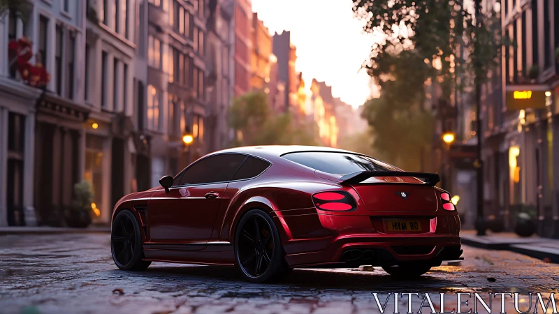 Red luxury coupe parked on wet cobblestone city street.