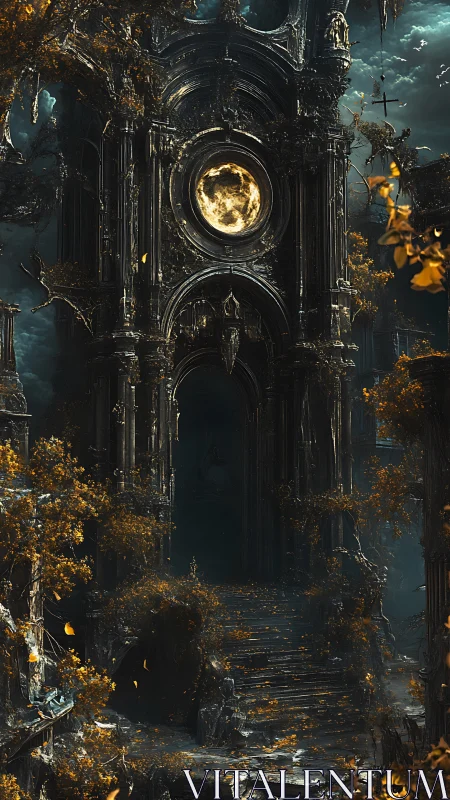 Gothic ruin with glowing moon gate and overgrown stairs.