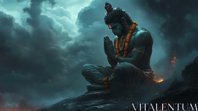 Stormlit blue deity in meditative prayer on rocky peak.