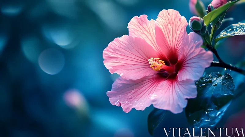 Pink Hibiscus with Dew Drops Against Blue Bokeh Background