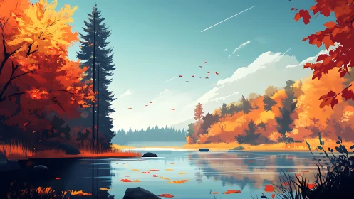 Vectorial autumn lake panorama with stylized alpine backdrop.