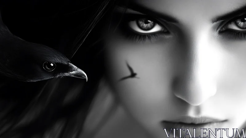 Raven and pale woman share intense monochrome stare