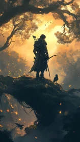 Forest archer stands with a loyal crow in glowing dawn light