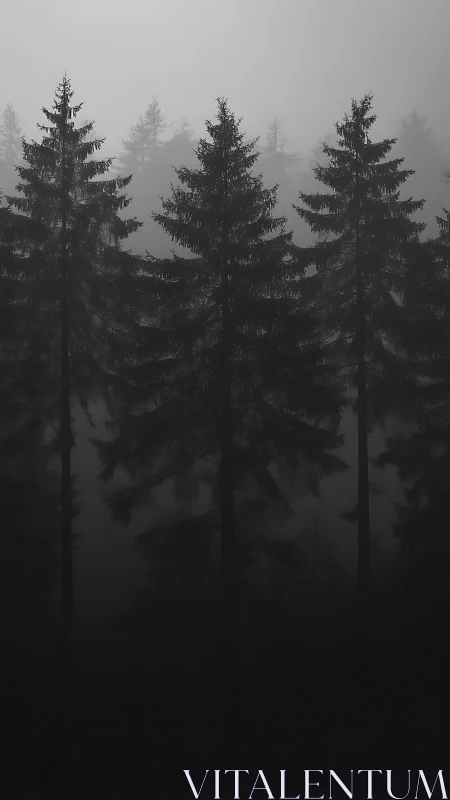 Tall pines stand in a brooding mist over a shadowed forest
