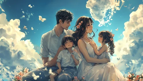 Sunlit family dreamscape wrapped in clouds and butterflies.
