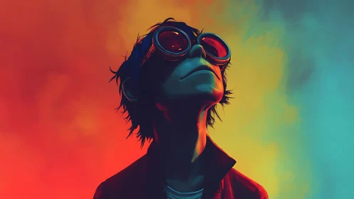 Goggled youth portrait against vivid dual color haze.