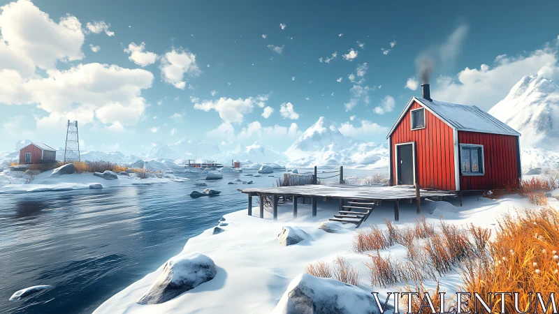 Red cabin on snowy shoreline with mountain backdrop
