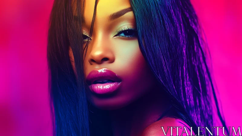Vibrant neon portrait of woman with glossy pink lips.