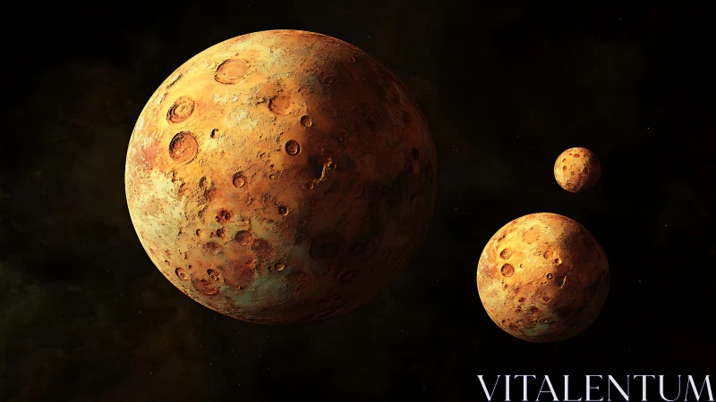 Rust-gold cratered planets drifting in a silent starless void.
