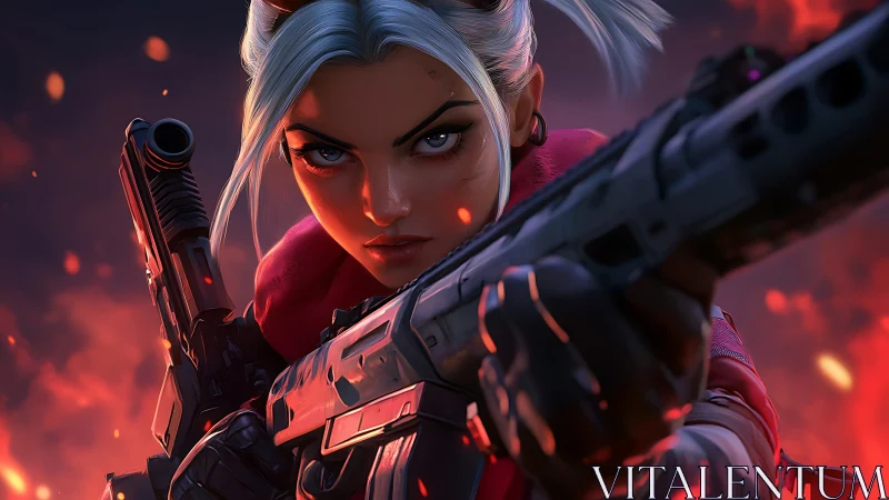 Armed white haired woman aims rifle amid glowing embers.