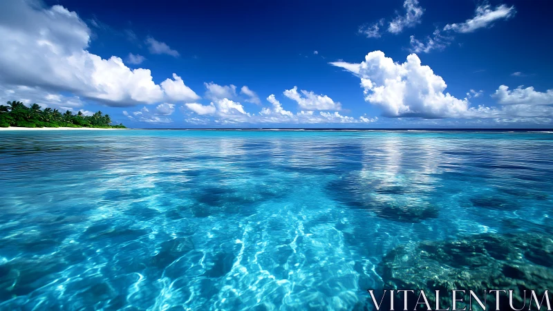 Crystal lagoon mirror where clouds drift on liquid sky.