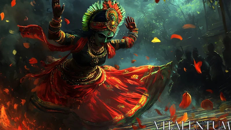 Dynamic masked dancer in ornate red costume under directional forest light