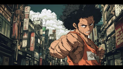 Street-brawler hero punching through a rusted neon skyline.