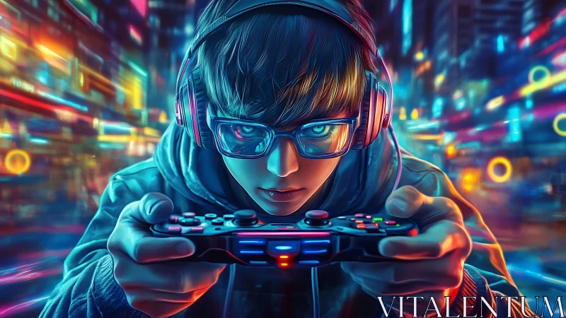 Neon-saturated gamer portrait with cybernetic controller focus.