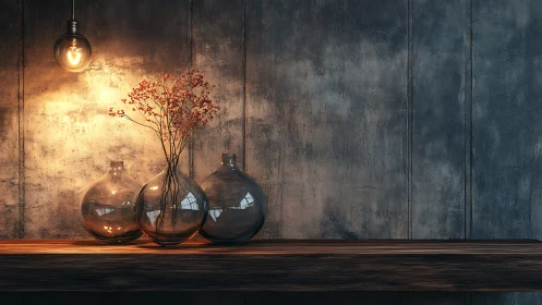 Glass vases and dried flowers on rustic wooden shelf.