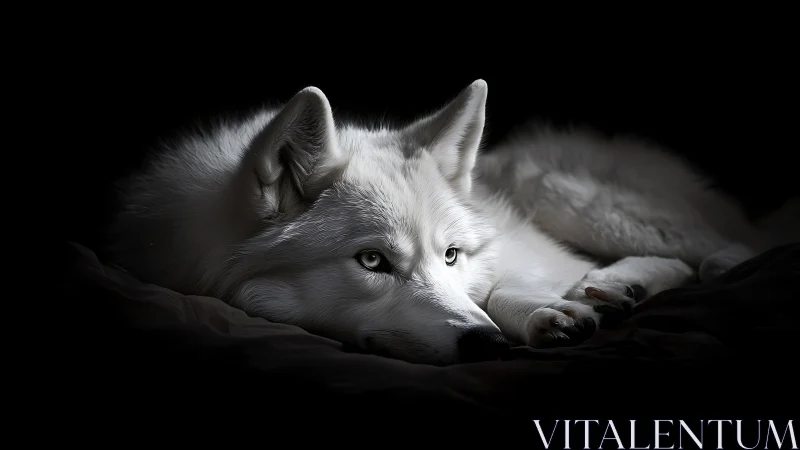 White wolf rests in dramatic low-key shadow and light.