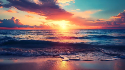 Vibrant ocean sunset illuminates waves and glowing shoreline