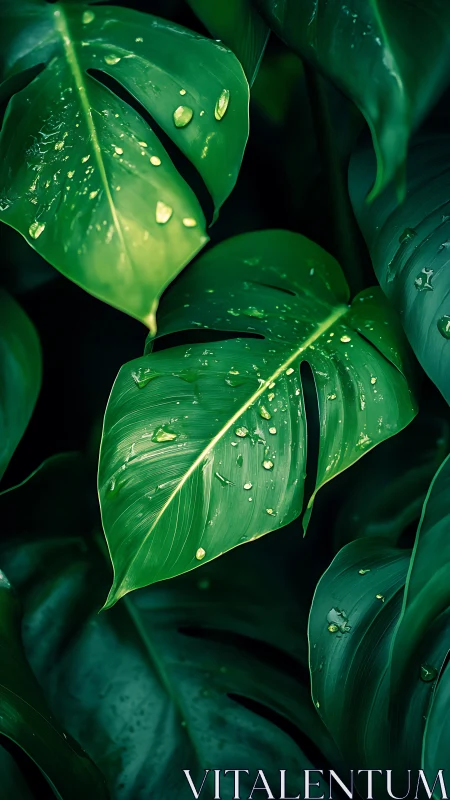 Monstera leaves hold scattered water droplets after rainfall