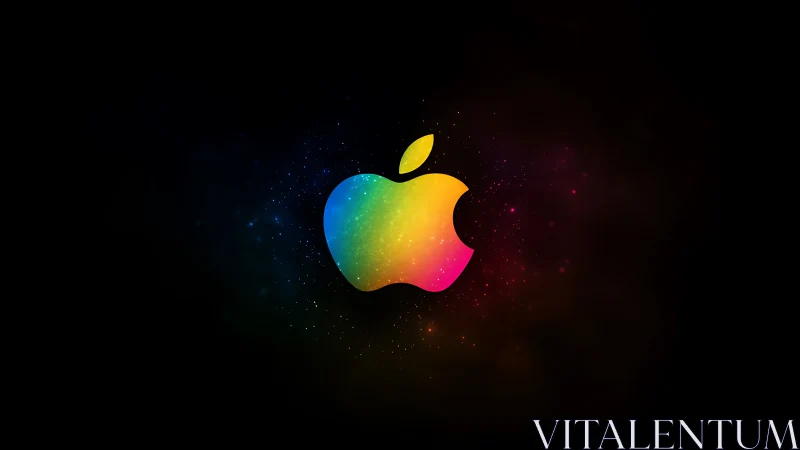 Rainbow gradient apple logo glows against cosmic black background.
