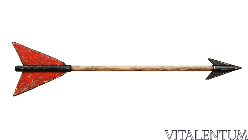 Weathered red-fletched wooden arrow with black steel head.