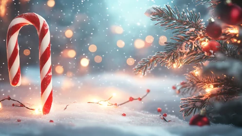 Candy cane stands in glowing snowy Christmas tree scene