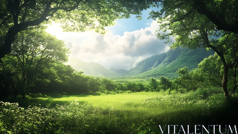 Verdant Valley Sanctuary Bathed in Mountain Sunlight.