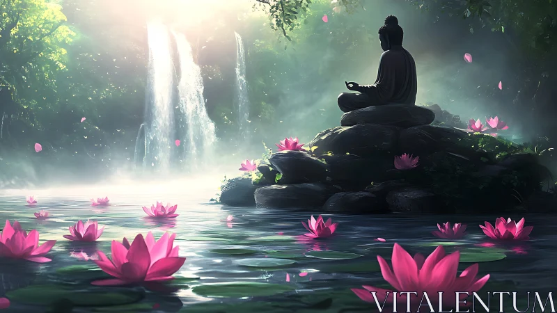 Buddha statue by waterfall amid lotus covered forest pool.