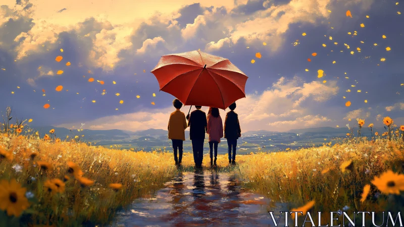 Friends under red umbrella crossing luminous wildflower field.