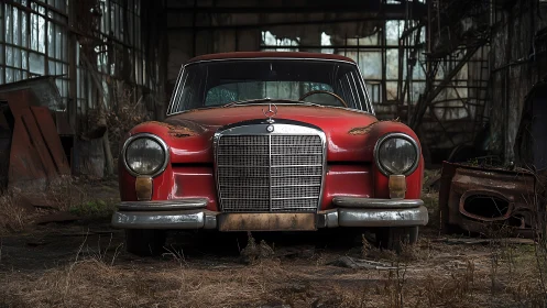 Weathered red vintage sedan decays inside derelict warehouse.