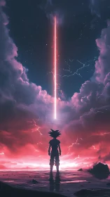 Stormlit warrior beneath a cosmic sky-splitting beam.