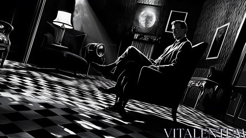 Noir interior portrait with high-contrast chiaroscuro staging.