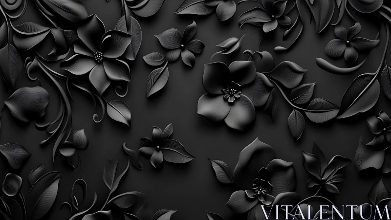 Black 3D Floral Relief Pattern with Dimensional Layered Flowers.