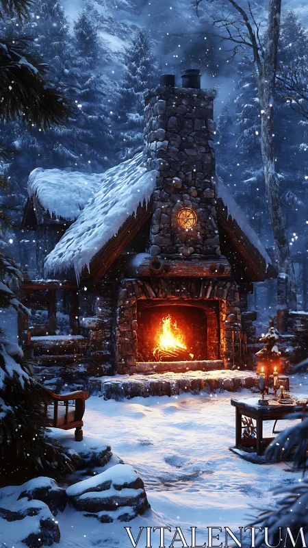 Winter Hearth: Stone Lodge Blazes Against Frozen Forest Night