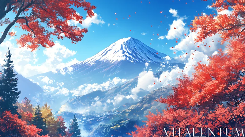 Snowy mountain with red autumn trees under clear sky.