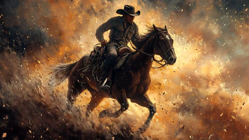 Lone cowboy thundering through sparks and sunset dust.