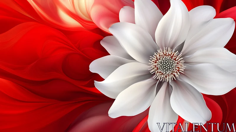White digital flower over abstract crimson silk waves.