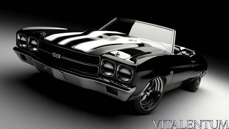 Glossy black muscle car convertible basking in studio light.