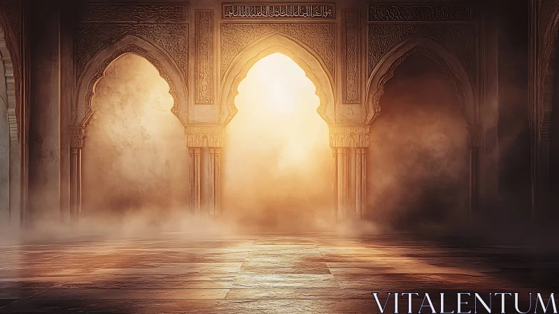 Sunrise spilling through sacred arches of whispered dust.