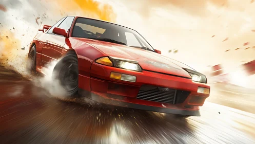 Dynamic drift scene with red sports car in motion blur focus.