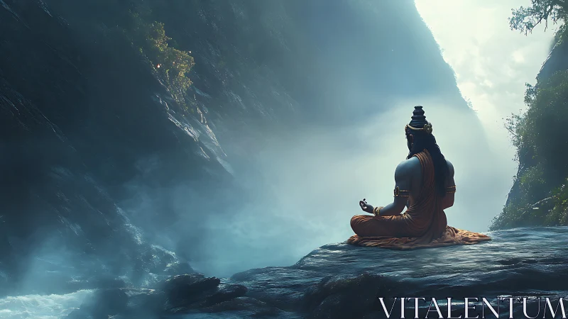 Meditating ascetic on cliff ledge above misted river gorge