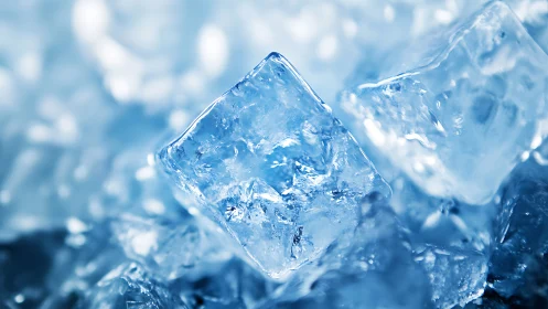 Crystal ice cubes gleam in cool blue macro focus.