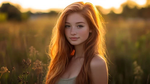 Sunlit red-haired portrait in golden hour meadow glow.