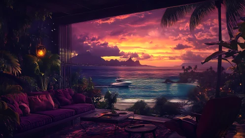 Luxurious tropical lounge overlooks neon-infused ocean sunset